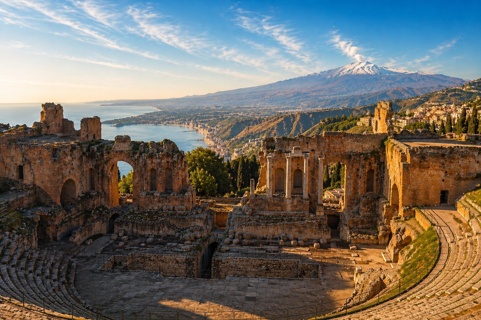 Ancient Greek theater ruins overlooking coastal town with snow-capped Mount Etna in the distance, Sicily