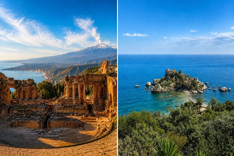 Split image: left shows ancient Greek theater ruins with snow-capped Mount Etna in background; right shows turquoise waters with rocky island and coastal vegetation