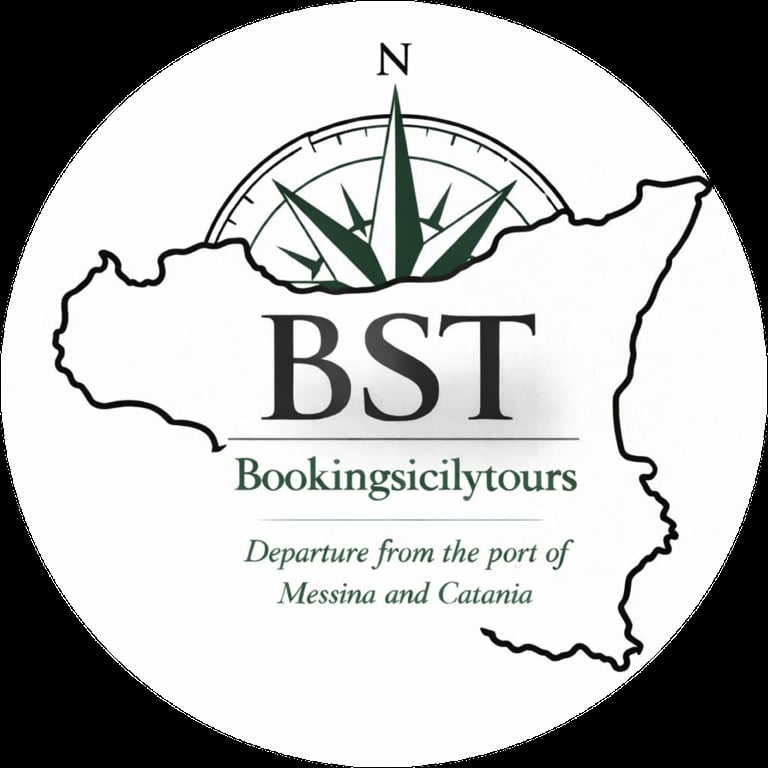 BST Booking Sicily Tours logo with compass rose and Sicily map outline, departure from Messina and Catania