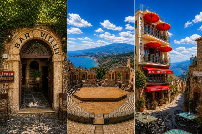 Three scenes from an Italian coastal village: arched doorway with signage, ancient amphitheater overlooking blue Mediterranean sea, and red-awninged building on narrow street