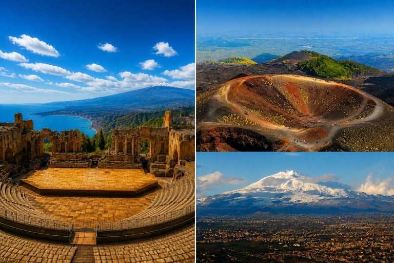 Collage of Sicily landmarks: Greek theater ruins overlooking coastline, volcanic crater, and snow-capped Mount Etna