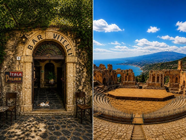 Left: Ancient stone doorway with ivy and Bar Vivelli sign in Italy. Right: Greek theater ruins with semicircular seating overlooking Mediterranean coastline and mountains.
