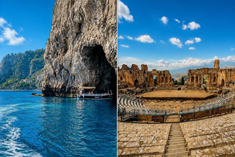 Split image: left shows limestone cave with turquoise sea and boat; right displays ancient Greek theater ruins with stone seating and mountains