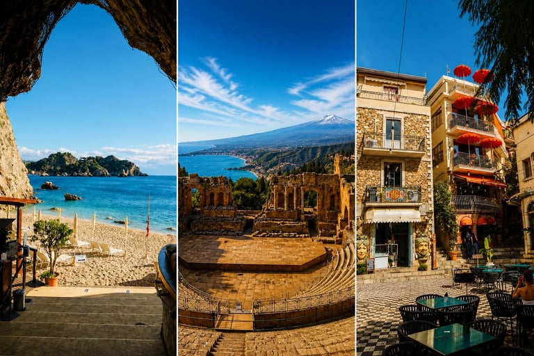 Three panels showing Sicily scenes: Mediterranean beach cave view, Greek theater ruins with Mount Etna, and colorful seaside town architecture