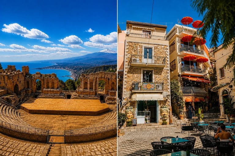 Left: Ancient Greek theater ruins overlooking Mediterranean coast with Mount Etna. Right: Colorful Mediterranean building with red-orange umbrellas and courtyard in Taormina, Sicily.