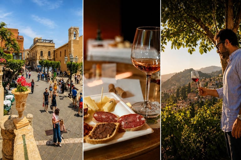 Three-panel collage showing Italian travel: town square with historic architecture, wine and charcuterie board, and man overlooking vineyard landscape.