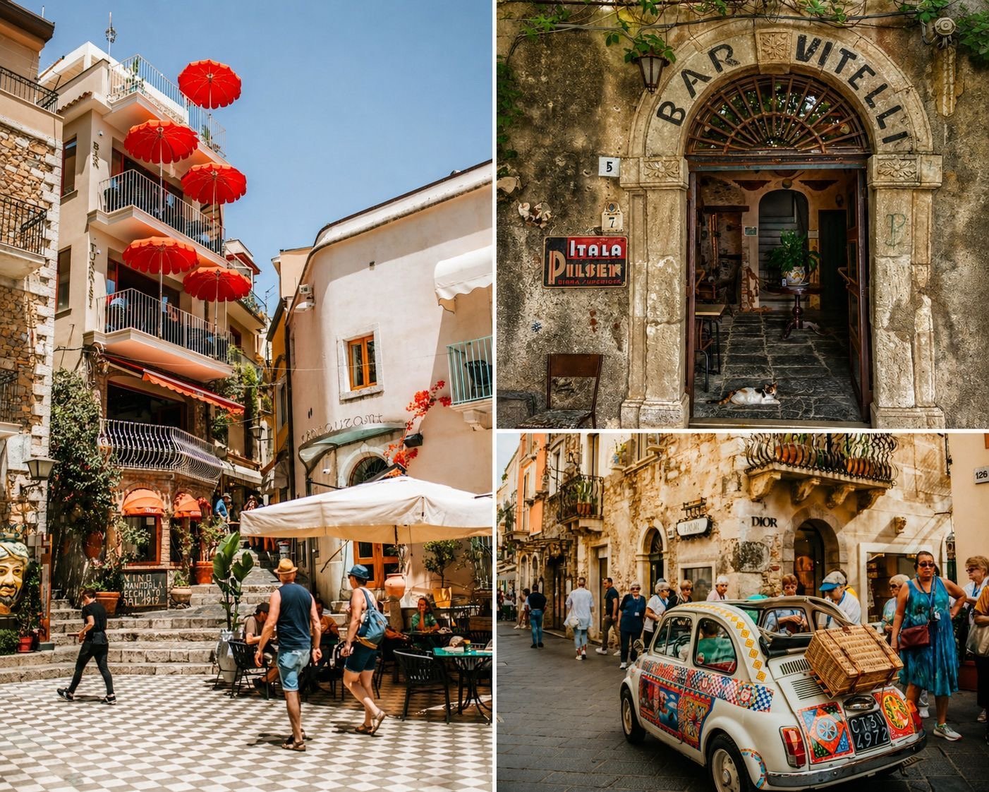 Collage of Italian street scenes featuring red lanterns, historic doorways, colorful buildings, and a vintage Fiat 500 car in a charming town square